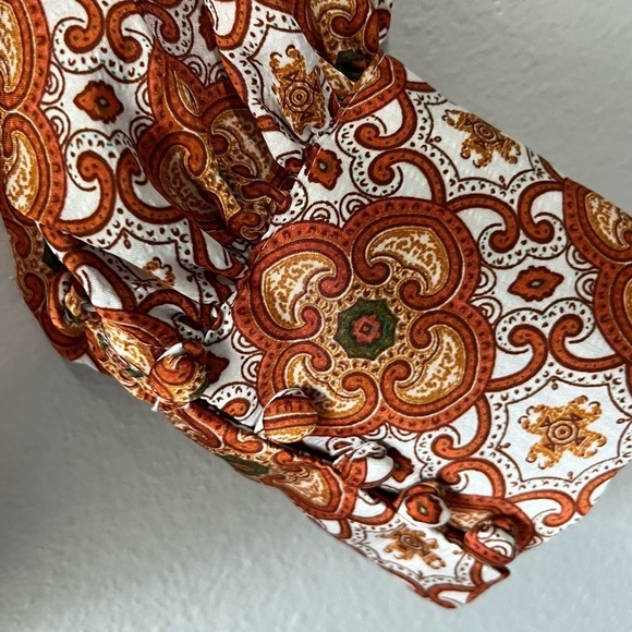 RYEGRASS - Long Sleeve Burnt Orange White Pattern Silky Blouse Size S - Picture 4 of 6